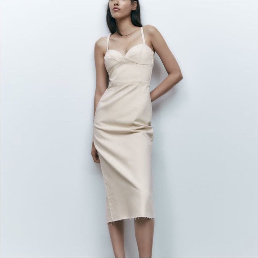 Zara Cream Denim Spaghetti Strap Dress with key hole back and raw edge bottom
